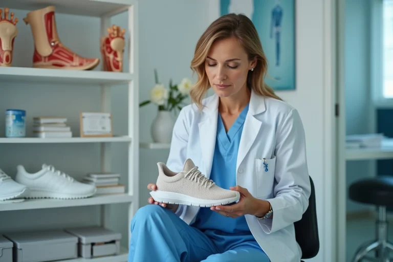 Podologue féminin examine une chaussure de sport en clinique
