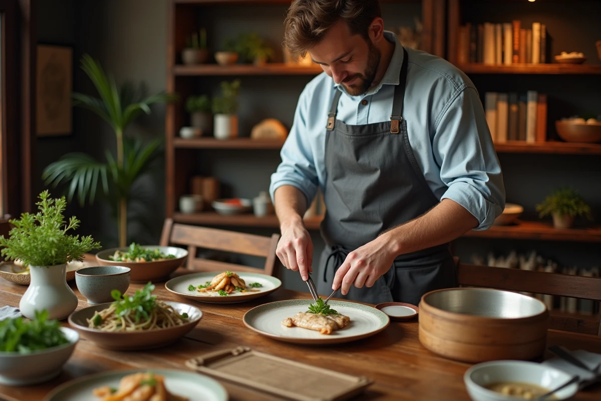 Jeune homme tranchant du poisson vapeur dans une salle à manger chaleureuse