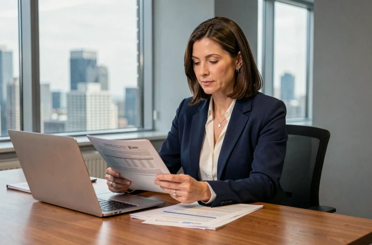 Professionnelle en blazer marine consultant des documents d'assurance santé dans un bureau moderne
