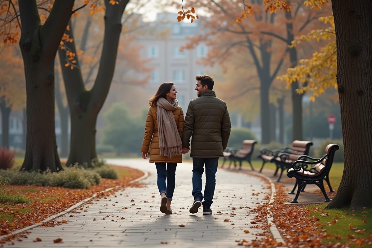 Couple marchant dans un parc automnal en ville