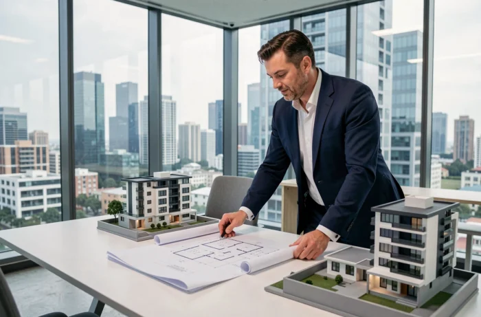 Promoteur immobilier professionnel examinant des plans architecturaux et une maquette de résidence neuve dans un bureau moderne