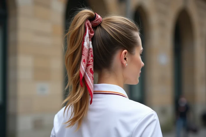 Queue de cheval d'une femme gainée en spirale avec un foulard gavroche Hermès, devant une façade urbaine