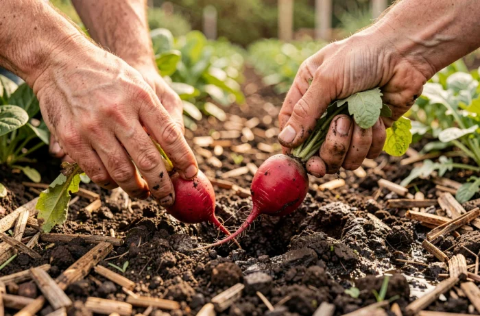 Gros plan de mains récoltant des radis rouges frais dans la terre humide d'un potager bien entretenu