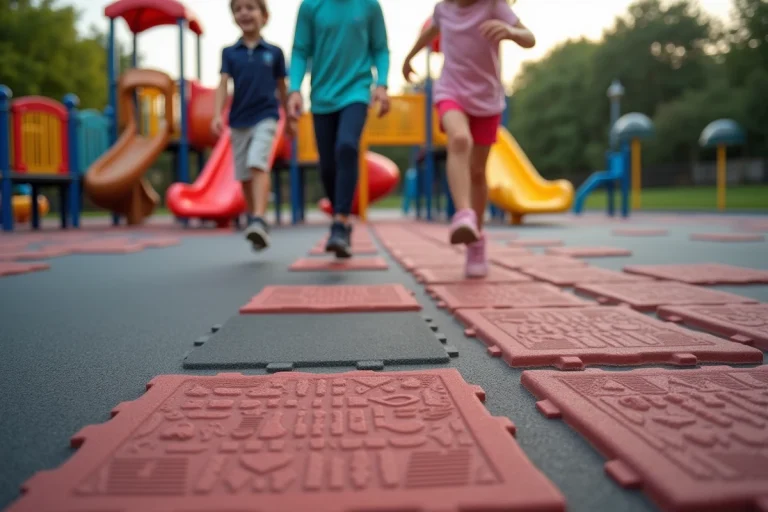 Revêtement caoutchouc rouge et anthracite installé sous des équipements de jeux extérieurs avec enfants jouant en sécurité