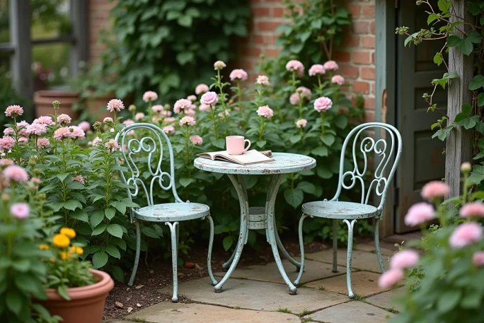 Coin salon de jardin vintage en fer forgé vert patiné entouré de rosiers et de clématites dans un jardin bucolique de maison de campagne