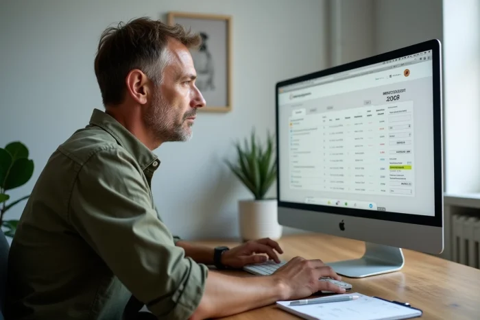 Homme de 55 ans utilisant un simulateur de retraite en ligne sur son ordinateur pour calculer comment percevoir 1700 euros net par mois à la retraite