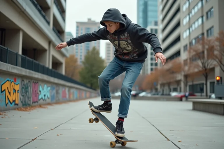 Jeune skateur effectuant un ollie en ville