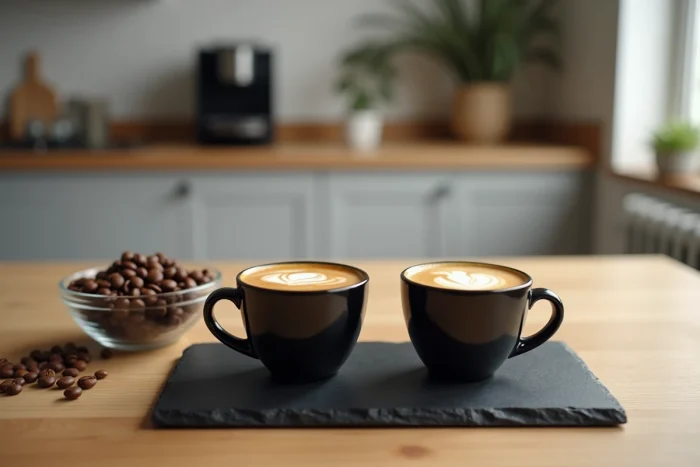 Deux tasses d'espresso avec crema dorée sur plateau ardoise avec grains de café et machine Krups en arrière-plan flou