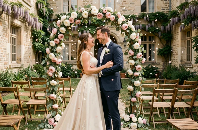 Couple de mariés riant sous une pluie de confettis dans la cour d'un château français fleuri de pivoines et de glycines