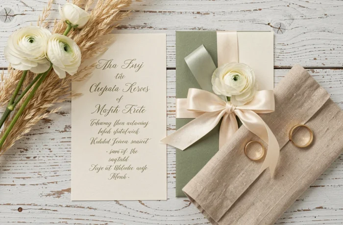 Flat lay élégant de papeterie de mariage calligraphiée, alliances dorées et fleurs séchées sur une table en chêne blanc