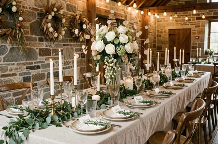 Table de réception de mariage décorée de fleurs blanches, de bougies en laiton et de vaisselle artisanale dans une grange en pierre
