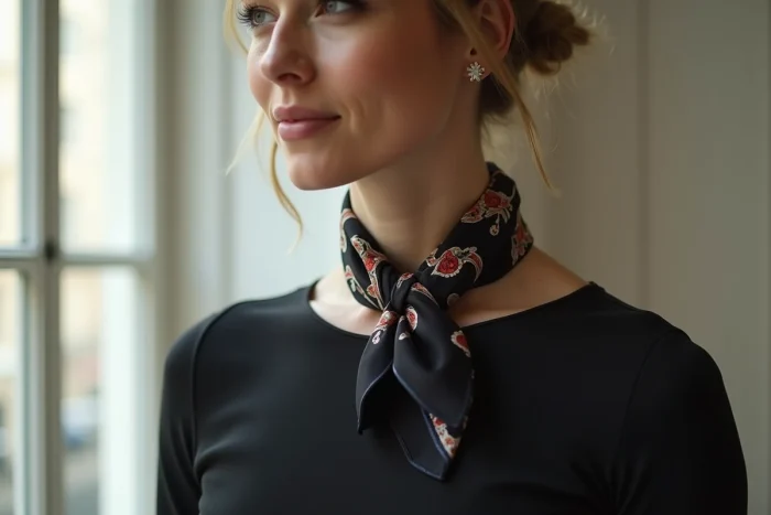 Femme arborant une torsade ras-de-cou en foulard gavroche Hermès façon collier de soie, sur un col ras-du-cou noir