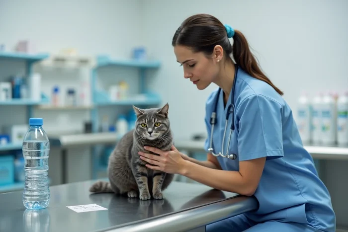 Vétérinaire examinant un chat gris en consultation, avec une référence à l'eau minérale adaptée à la santé féline sur la table