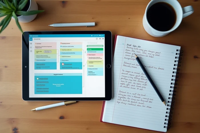 Vue aérienne d'un bureau avec tablette affichant un outil de sitemap interactif et carnet de notes sur la navigation web